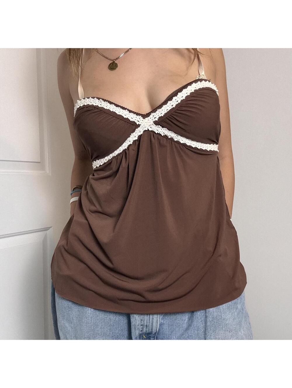 Rampage brown + white trim strapless babydoll swim top, size medium!